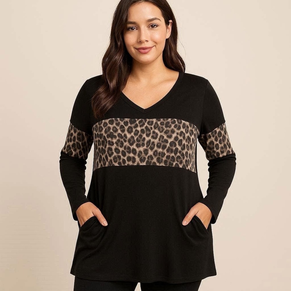 Women's Black Color Block Long Sleeve Tunic Top Leopard Print‎ Panel M Made USA